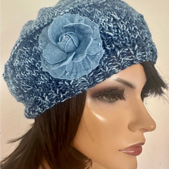 Hand Knits 2 Love Slouch Hat Beanie Beret Stonewashed Denim Flower Designer Chic - Picture 6 of 8